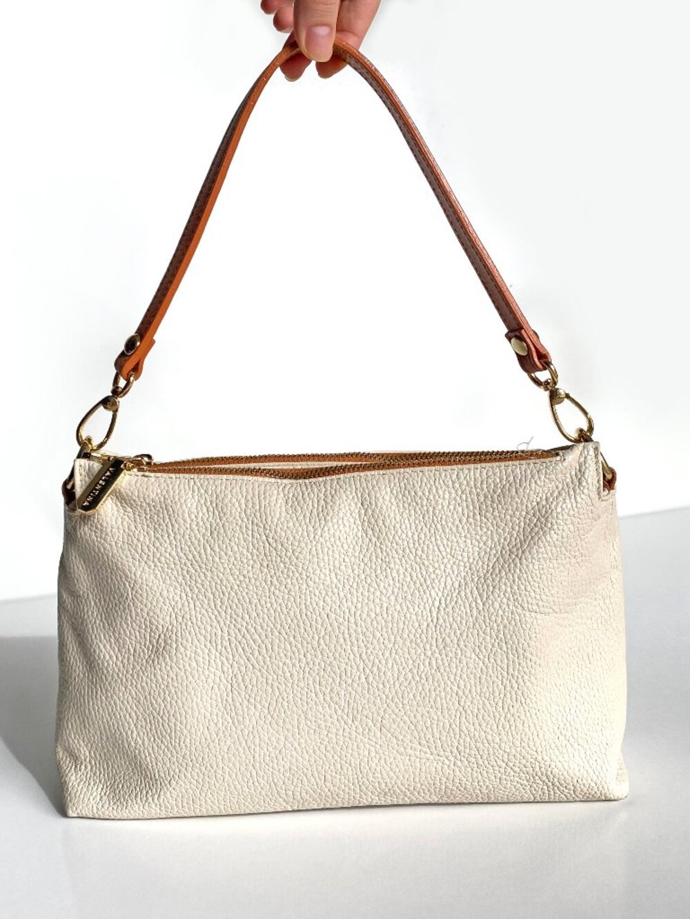 VALENTINA Italy Cream Pebble Leather Triple Compartment Shoulder Bag Purse